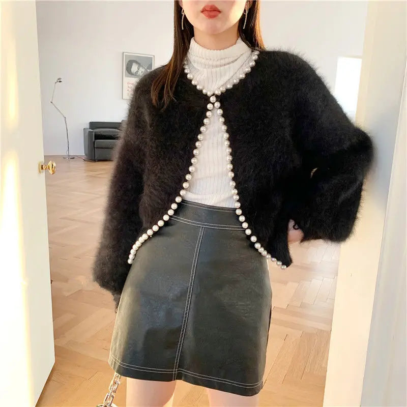 Autumn/Winter Pearl Knit Lantern Sleeve Fleece Sweater