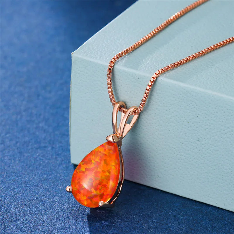 Boho Blue Opal Drop Necklace - Rose Gold