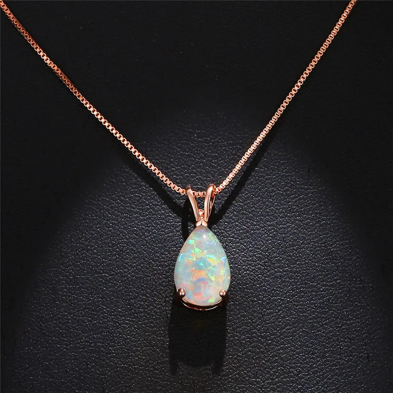 Boho Blue Opal Drop Necklace - Rose Gold