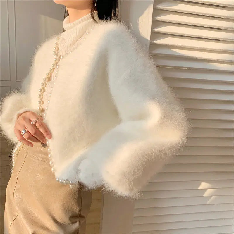 Autumn/Winter Pearl Knit Lantern Sleeve Fleece Sweater