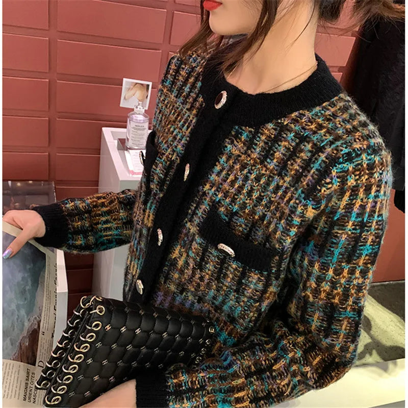 Sweater Cardigan Women Autumn And Winter 2025 Fashion New Round Neck Long-sleeved Color Matching Knitted Jacket All-match