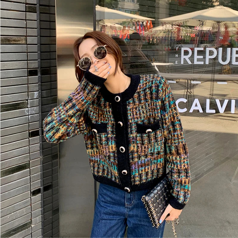 Sweater Cardigan Women Autumn And Winter 2025 Fashion New Round Neck Long-sleeved Color Matching Knitted Jacket All-match