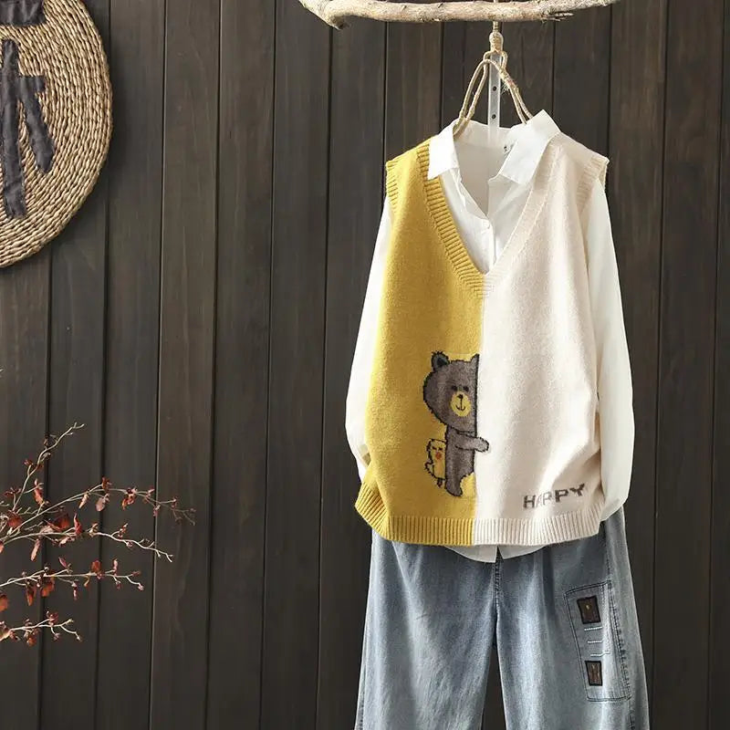 Spring and autumn new simple color matching knitted vest women loose wild V-neck cartoon pattern knitted sweater