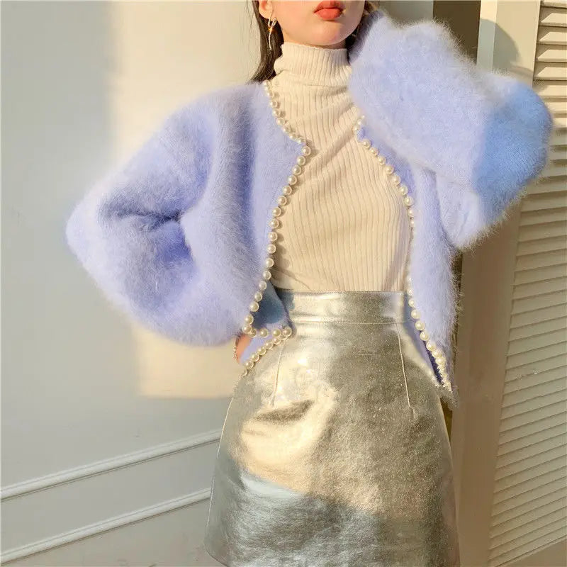 Autumn/Winter Pearl Knit Lantern Sleeve Fleece Sweater