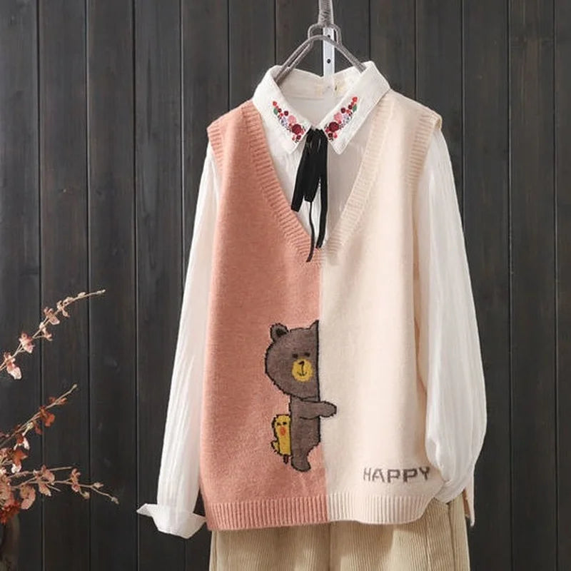 Spring and autumn new simple color matching knitted vest women loose wild V-neck cartoon pattern knitted sweater