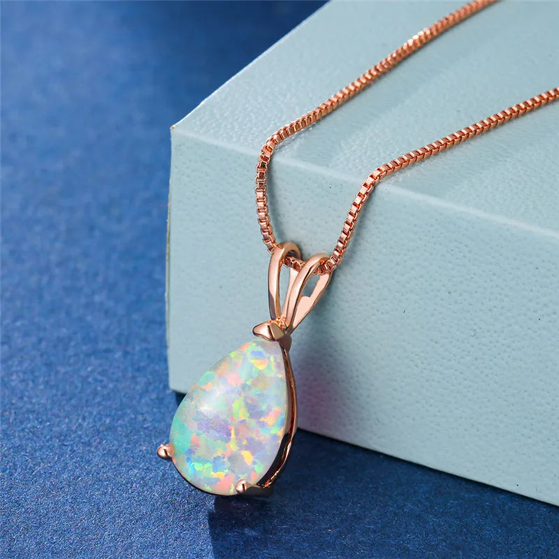 Boho Blue Opal Drop Necklace - Rose Gold