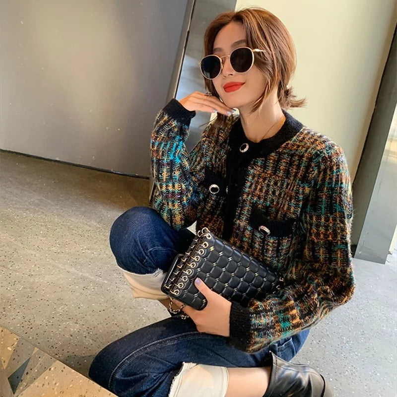 Sweater Cardigan Women Autumn And Winter 2025 Fashion New Round Neck Long-sleeved Color Matching Knitted Jacket All-match