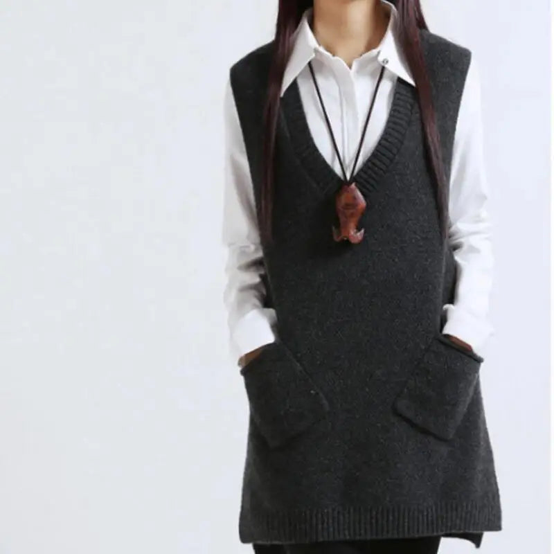 Women Sweater Spring Autumn New Korean Women's V-neck Knit Long A-shaped Pocket Vest Pullover Sleeveless