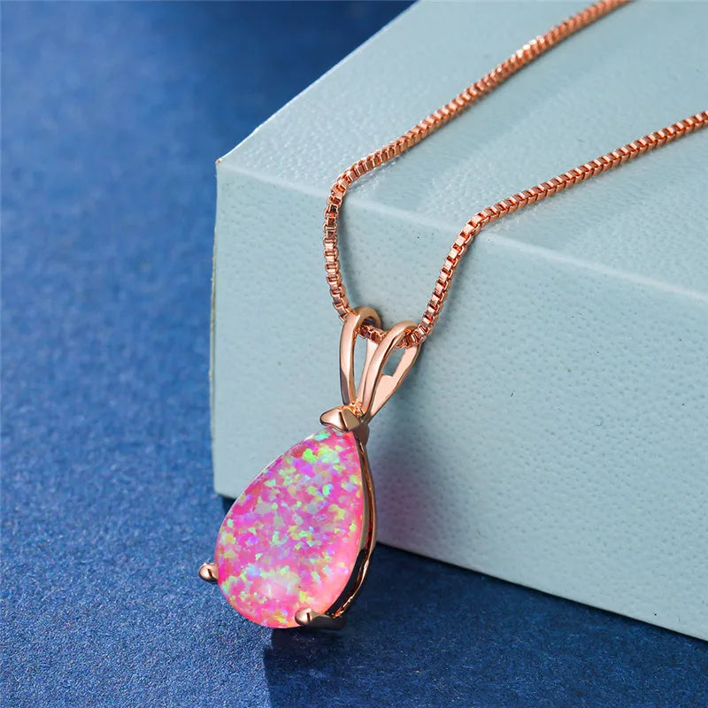 Boho Blue Opal Drop Necklace - Rose Gold