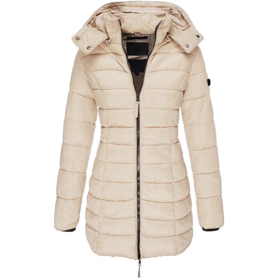 Warm hooded winter jacket for women with zipper closure, cotton padding, and a slim design. Perfect for cold days.