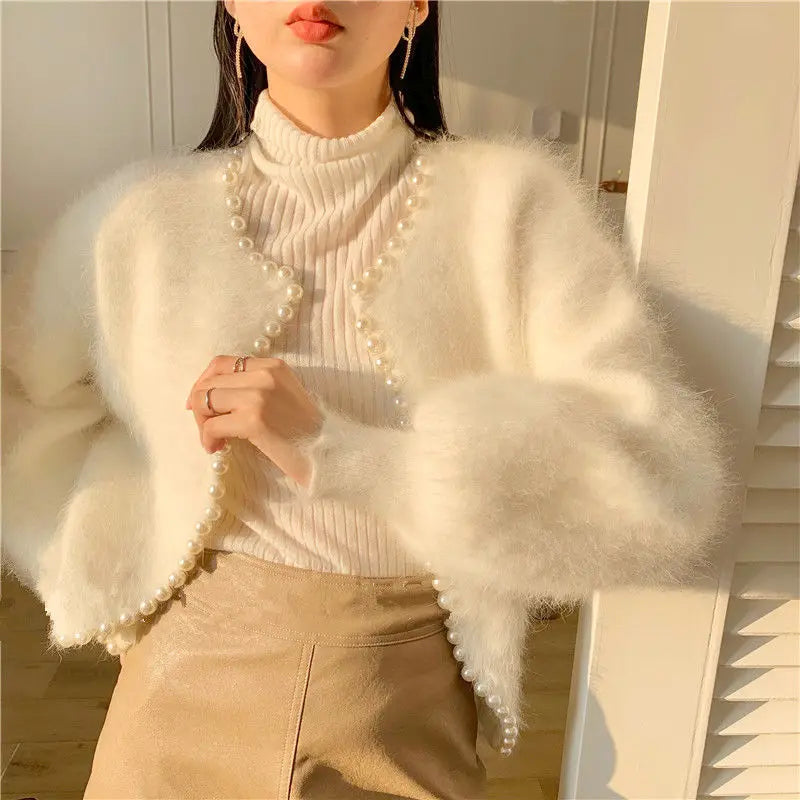 Autumn/Winter Pearl Knit Lantern Sleeve Fleece Sweater