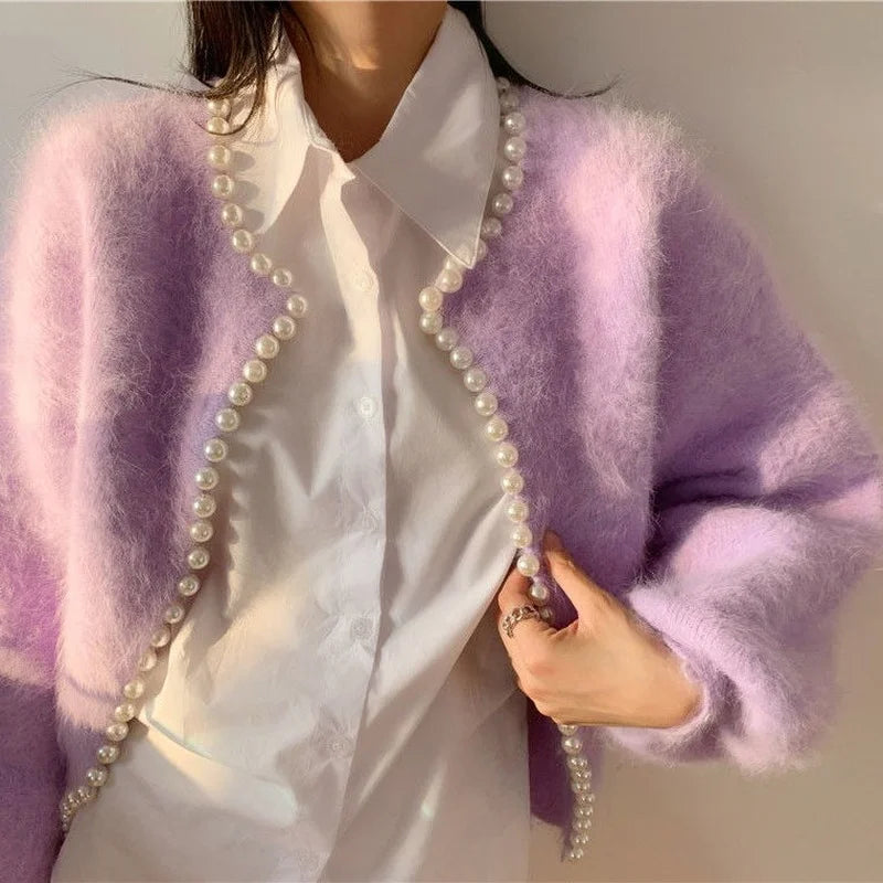 Autumn/Winter Pearl Knit Lantern Sleeve Fleece Sweater