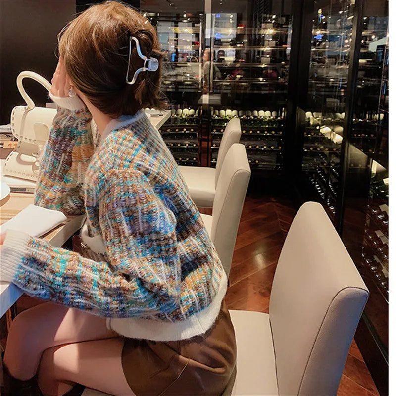 Sweater Cardigan Women Autumn And Winter 2025 Fashion New Round Neck Long-sleeved Color Matching Knitted Jacket All-match