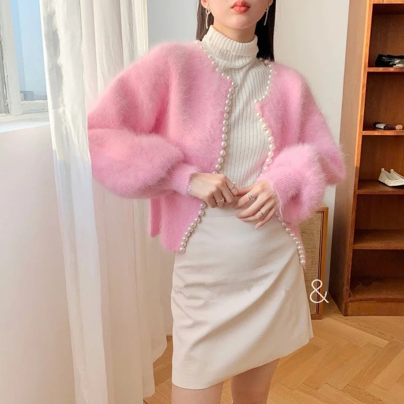 Autumn/Winter Pearl Knit Lantern Sleeve Fleece Sweater