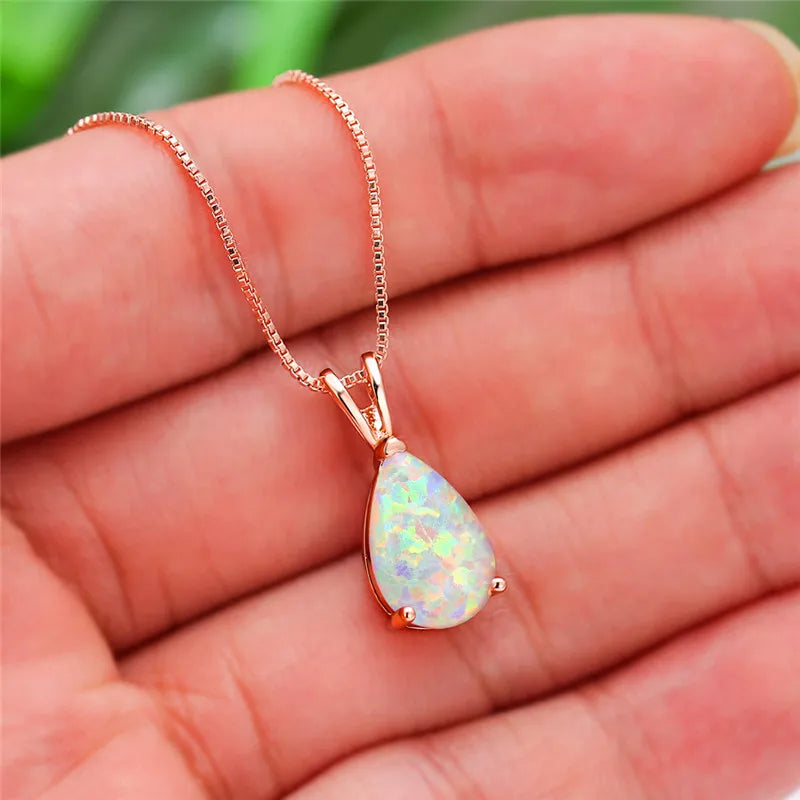 Boho Blue Opal Drop Necklace - Rose Gold