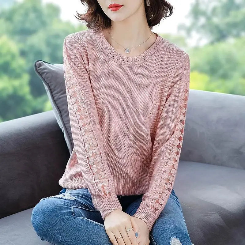 Spring Women's Lace Knitted Sweater: Floral Hollow, Loose Fit"