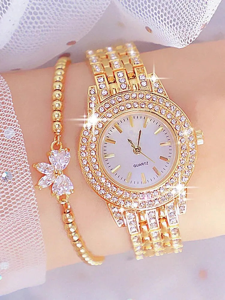 2pcs Diamond-Studded Quartz Bracelet Watch Set for Women