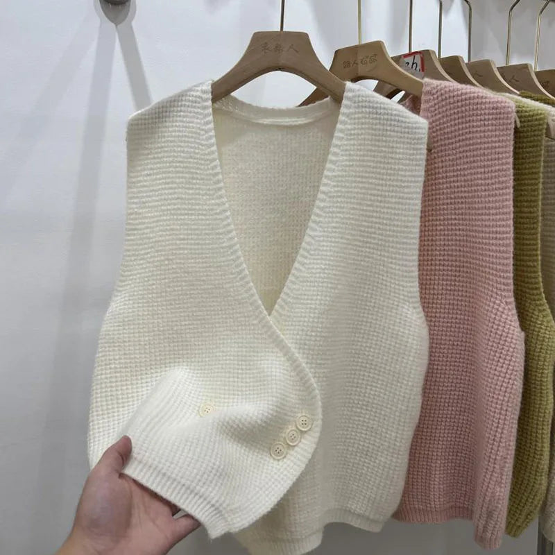 Autumn/Winter Diagonal Button Sleeveless Knitted Vest for Women
