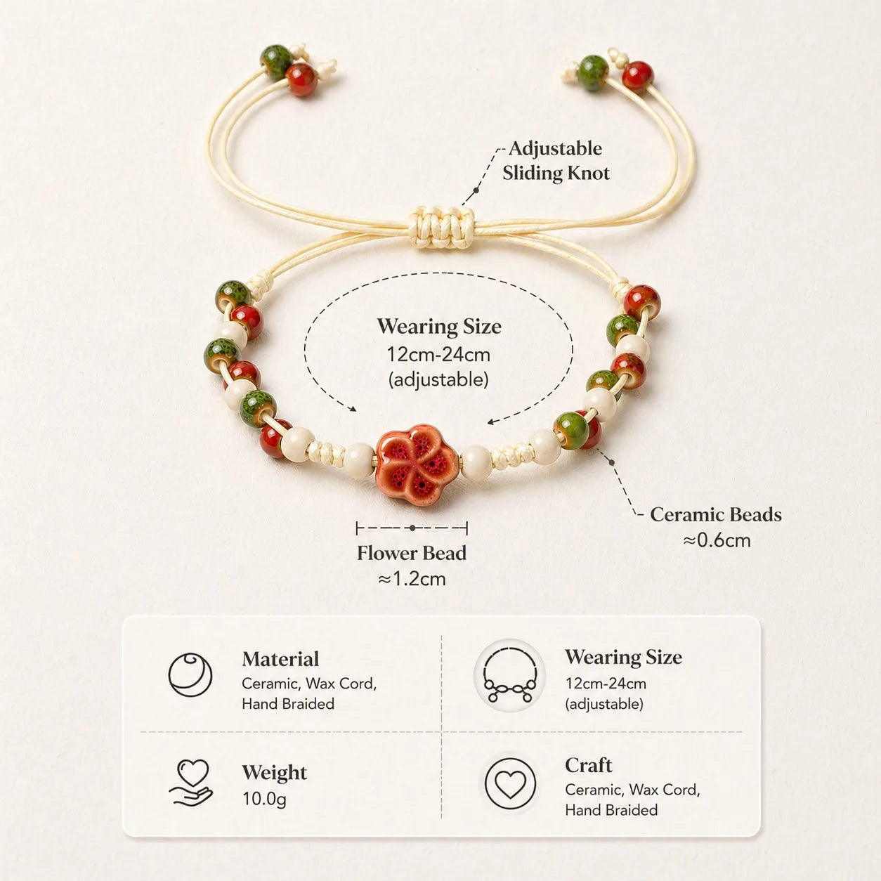 Handmade Ceramic Flower Bracelet – Adjustable Multicolor Beaded Wax Cord Jewelry Gift