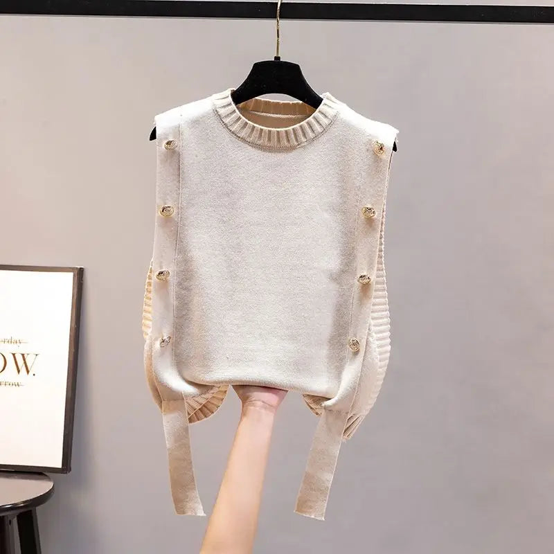 Women's waistcoat spring and autumn outer wear pullover sweater 2023 fashion casual new ladies sleeveless round neck knitted top