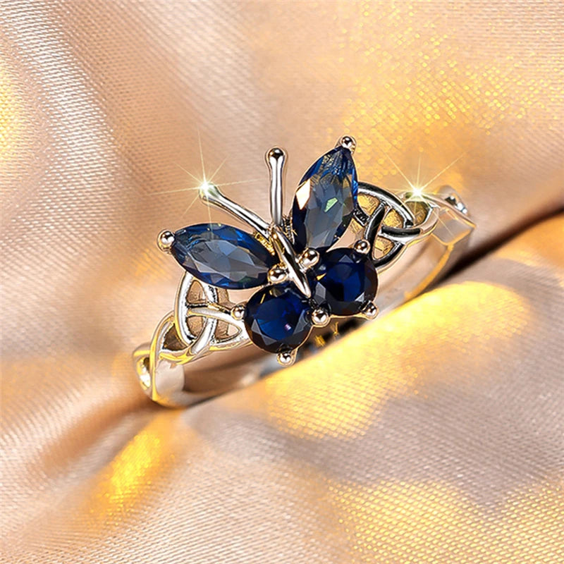 Luxury Blue Zircon Butterfly Engagement Ring for Women