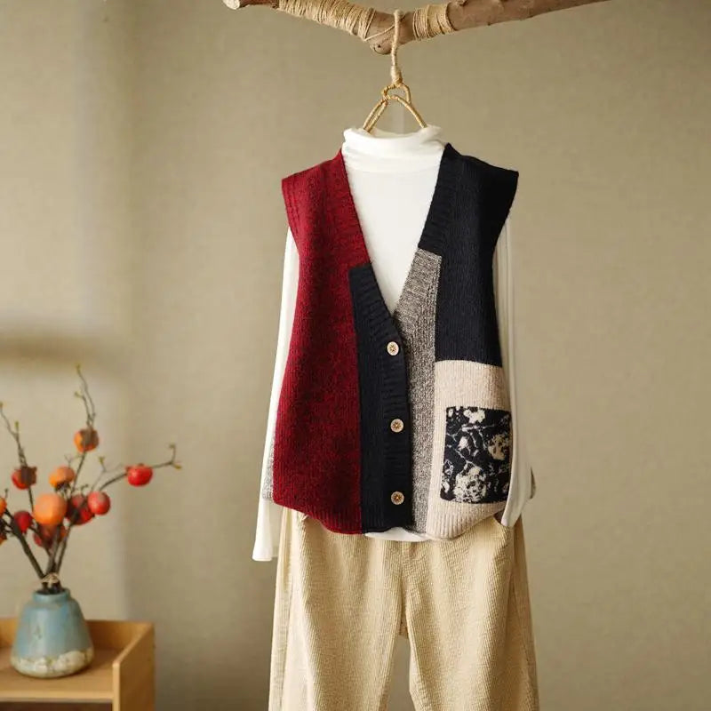 Retro Knitted Vest Cardigan Autumn/Winter 2024 Loose Design Sense Small Sweater Tank Top Women Outwear Sweater Vest Female