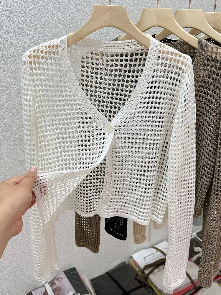 Hollow Mesh Ice Silk Sunscreen Jacket for Women's Summer Long Sleeved Outerwear with Small Shawl Knitted Cardigan