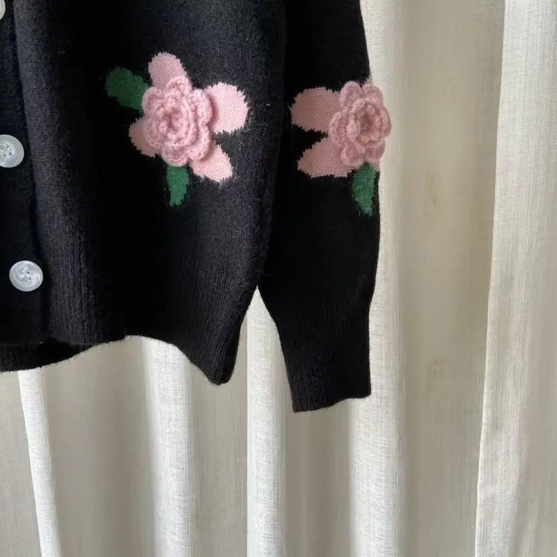 Casual Sweater Female 2025 Cardigan Women Sweater Loose Outer Coat Long Sleeve 3D Flower Round Neck Knitted Cardigan Female