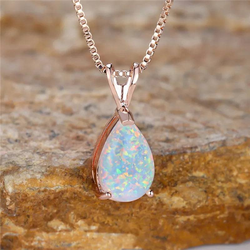 Boho White Opal Teardrop Necklace – Rose Gold