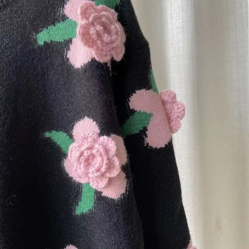 Casual Sweater Female 2025 Cardigan Women Sweater Loose Outer Coat Long Sleeve 3D Flower Round Neck Knitted Cardigan Female