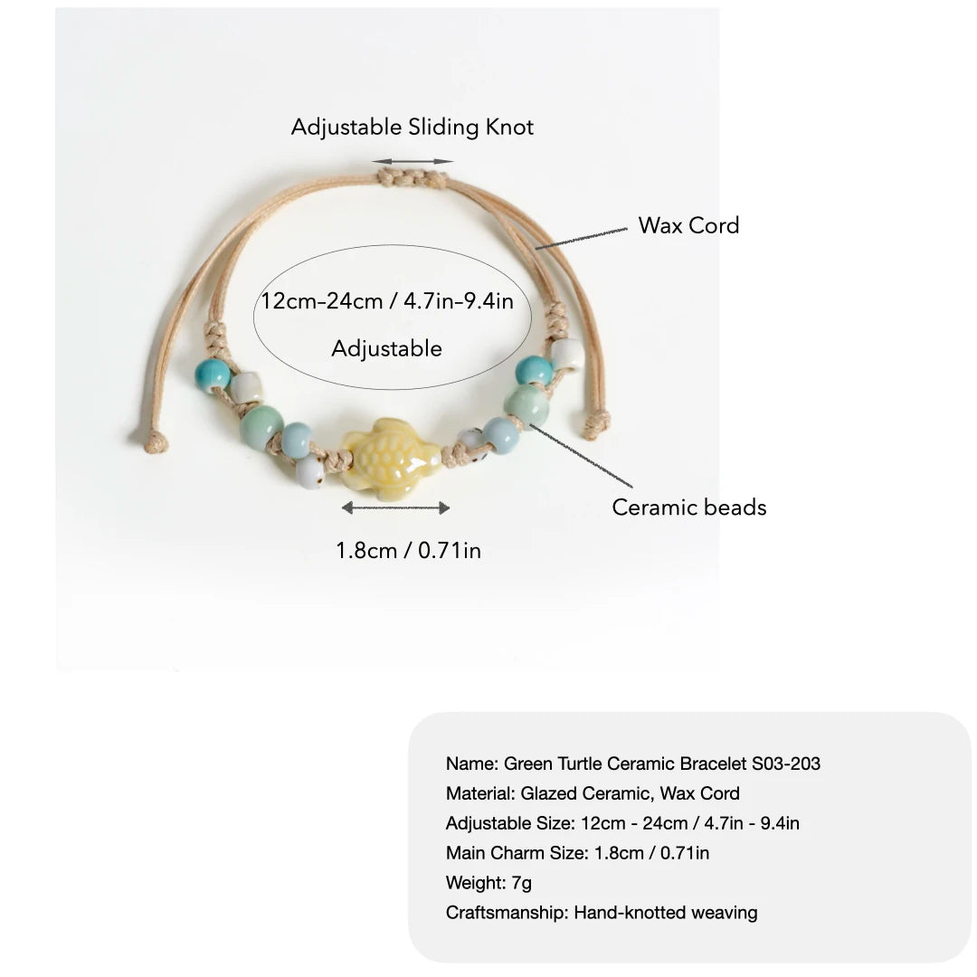 Handmade Ceramic Sea Turtle Bracelet – Adjustable Wax Cord Ocean Beach Jewelry for Women & Girls