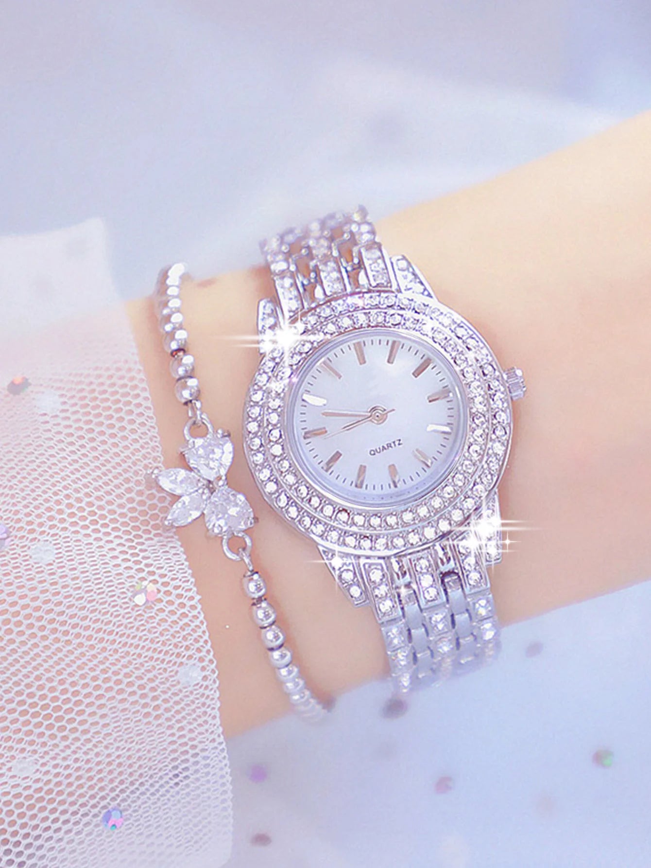 2pcs Diamond-Studded Quartz Bracelet Watch Set for Women