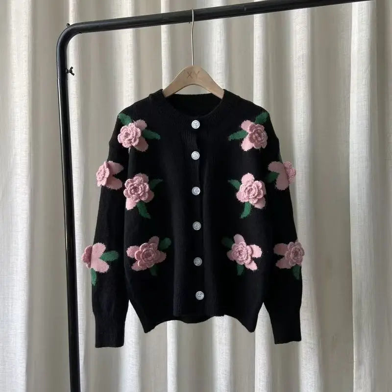 Casual Sweater Female 2025 Cardigan Women Sweater Loose Outer Coat Long Sleeve 3D Flower Round Neck Knitted Cardigan Female