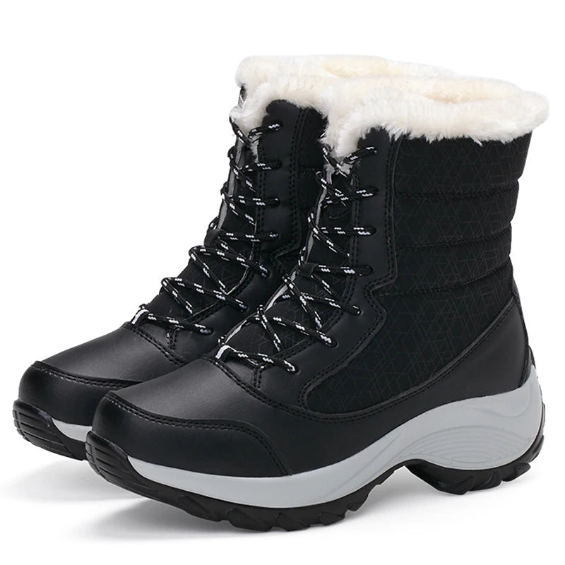 Winter ankle boots for women, waterproof, non-slip, chunky platform, and warm lining.