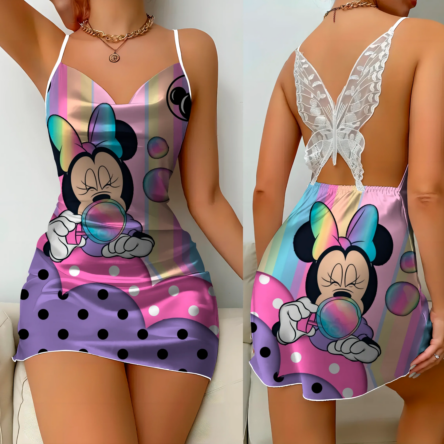 Satin mini dress with bow knot, featuring Minnie and Mickey designs
