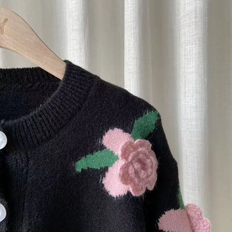 Casual Sweater Female 2025 Cardigan Women Sweater Loose Outer Coat Long Sleeve 3D Flower Round Neck Knitted Cardigan Female