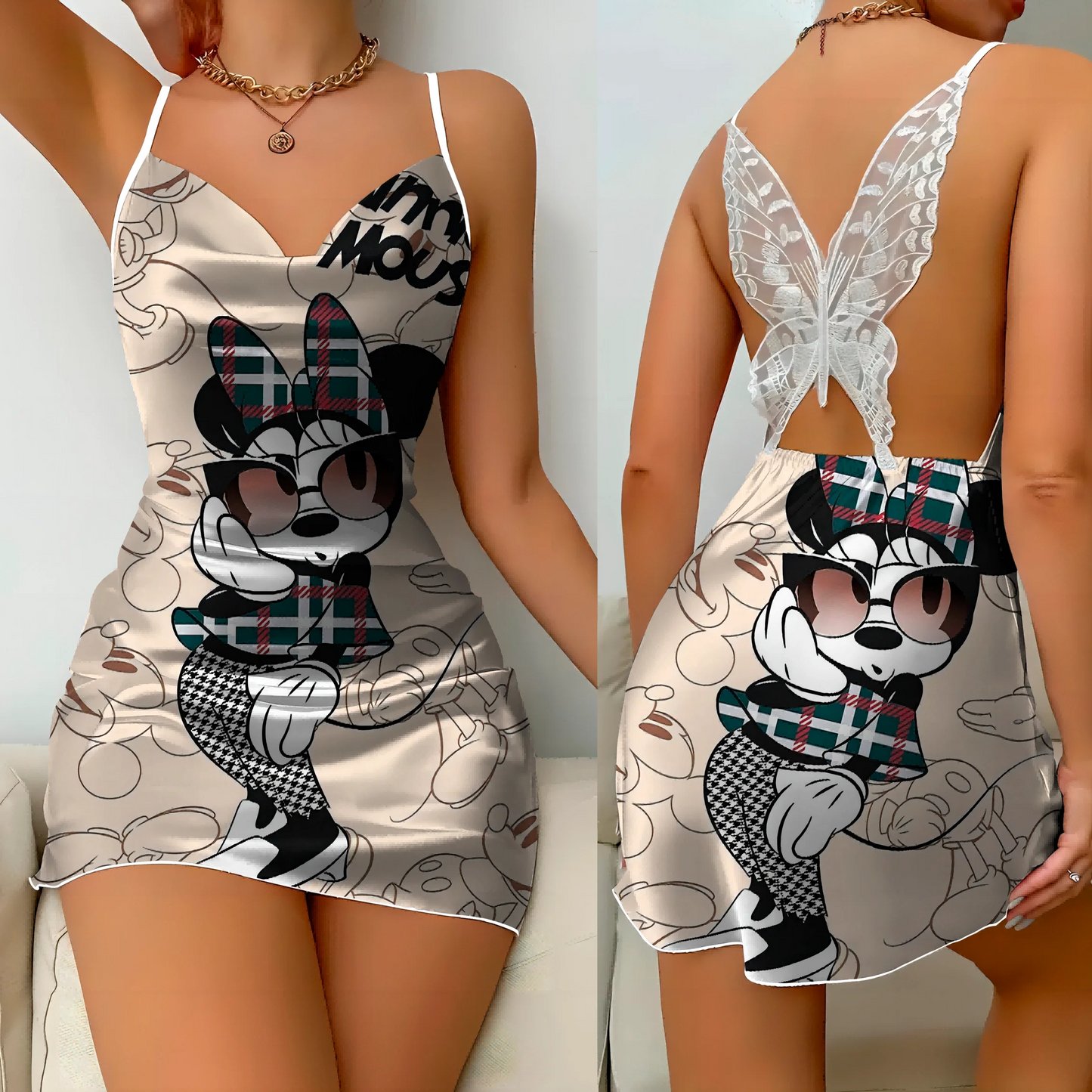 Satin mini dress with bow knot, featuring Minnie and Mickey designs