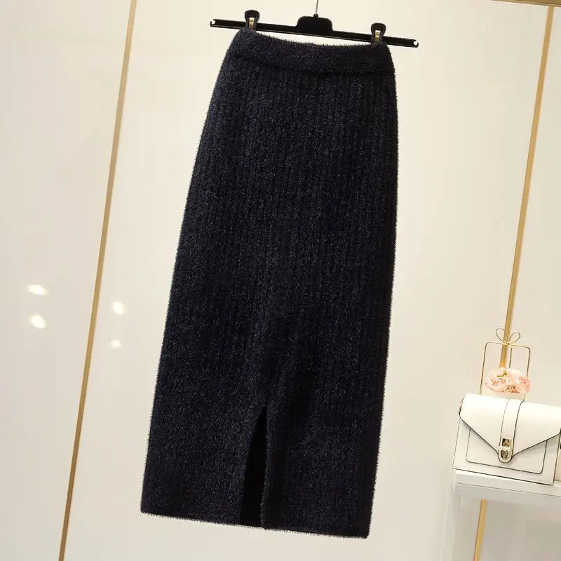 Mink velvet skirt female autumn and winter mid-length knitted one-step skirt split straight winter skirt casual solid long skirt