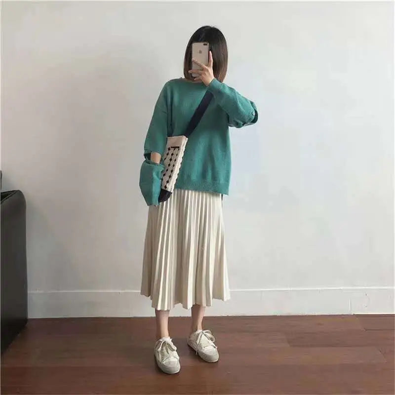 Knitted skirt women mid-length spring and autumn new 2025 elastic high waist thin a-line wool solid pleated long skirt female