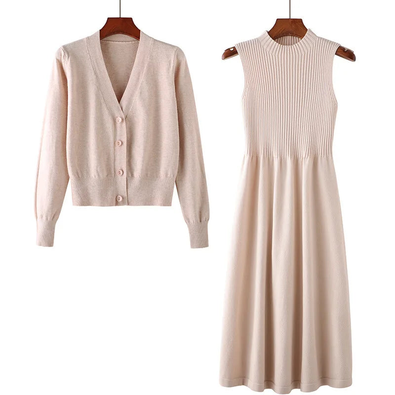New Spring and Autumn Long-Sleeved V-Neck Two-Piece Sweater Dress Set with Loose Knit Cardigan for Women