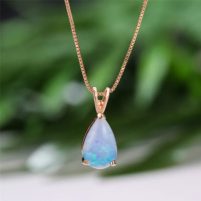Boho White Opal Teardrop Necklace – Rose Gold