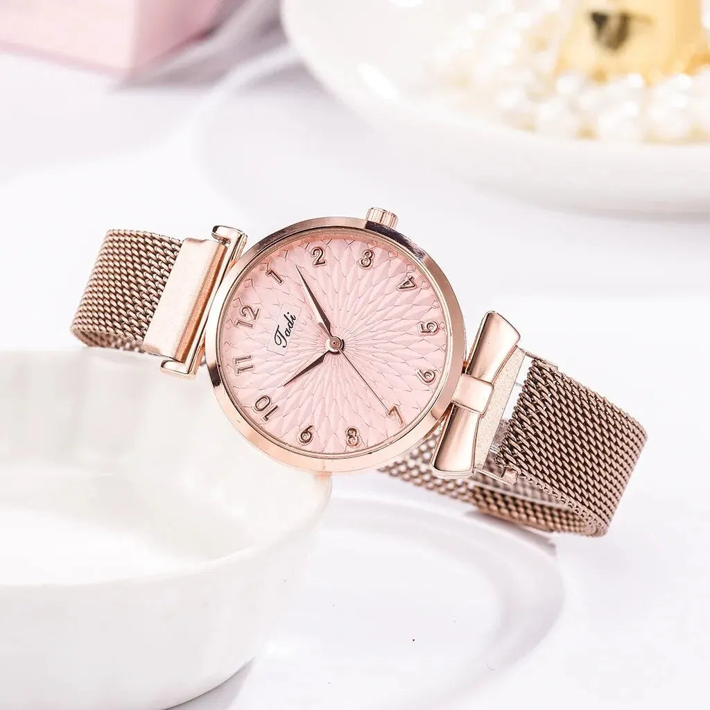 2PCS Set Women's Watch Set Trendy Pink Design Mesh Belt Alloy Wristwatch Fashionable Timepiece Quartz Watch Lady