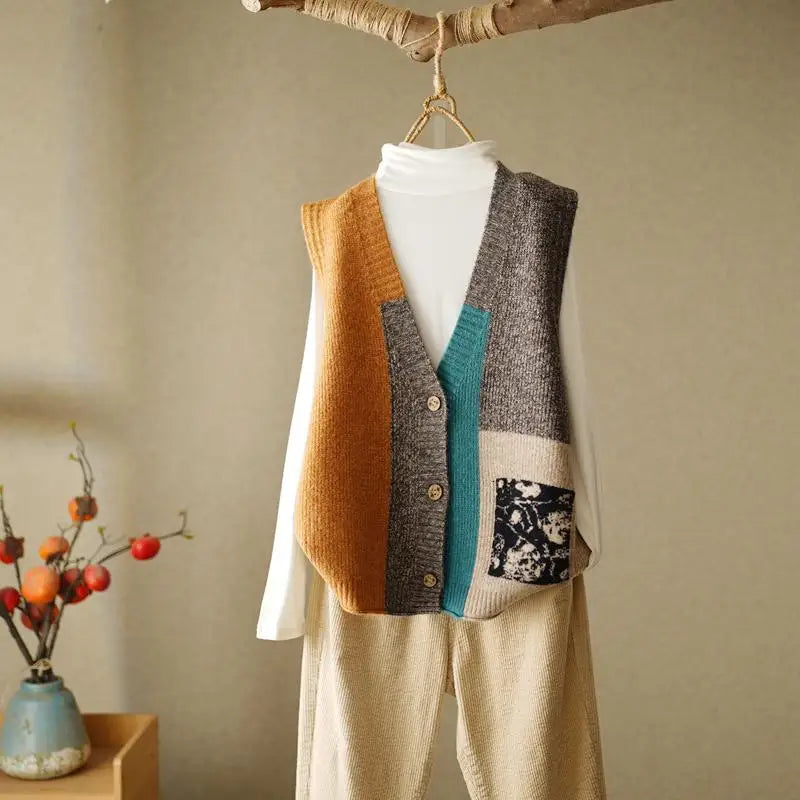 Retro Knitted Vest Cardigan Autumn/Winter 2024 Loose Design Sense Small Sweater Tank Top Women Outwear Sweater Vest Female