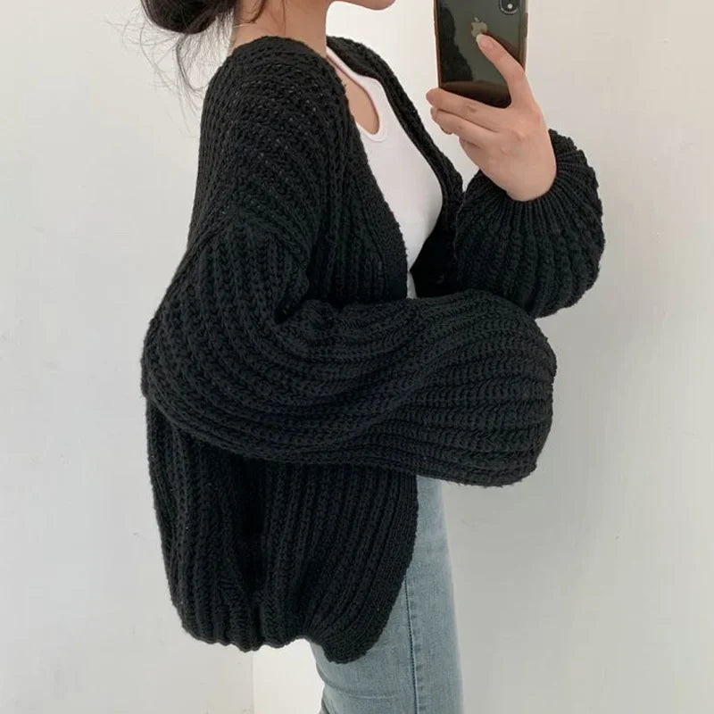 Women Vintage Harajuku Lantern Sleeve Cardigan Sweater Casual Korean Fall Streetwear Tops Coat Chic Lazy Wind Y2k Sweater
