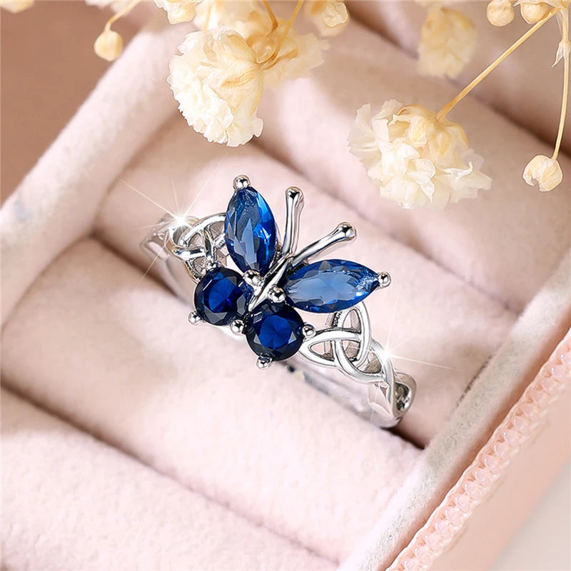 Luxury Blue Zircon Butterfly Engagement Ring for Women