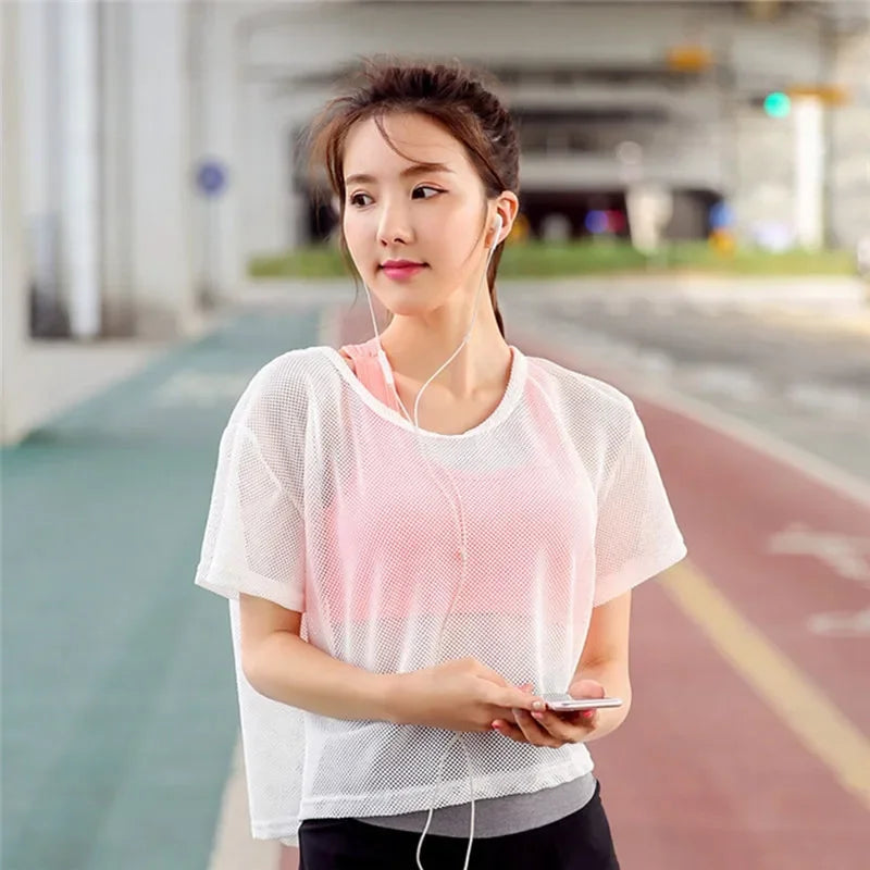 Quick-Dry Women’s Mesh Yoga Shirt, Sexy Short Sleeve, Comfortable for Workouts and Running