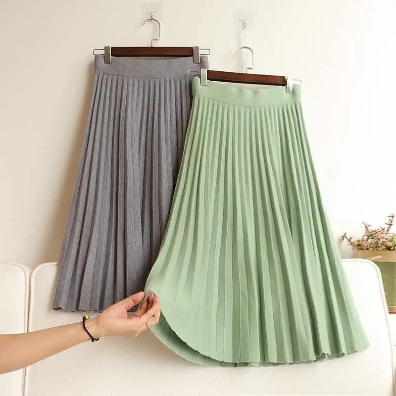 Knitted skirt women mid-length spring and autumn new 2025 elastic high waist thin a-line wool solid pleated long skirt female