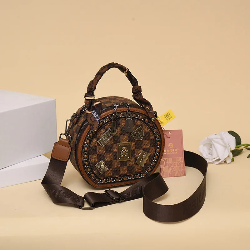 High-End Round Handbag for Women - Luxury Casual Crossbody with Bear Pattern