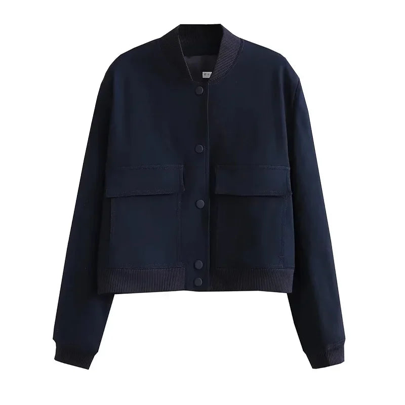 Stylish white bomber jacket for women with buttons, long sleeves, and a cropped design. Perfect for autumn and winter.