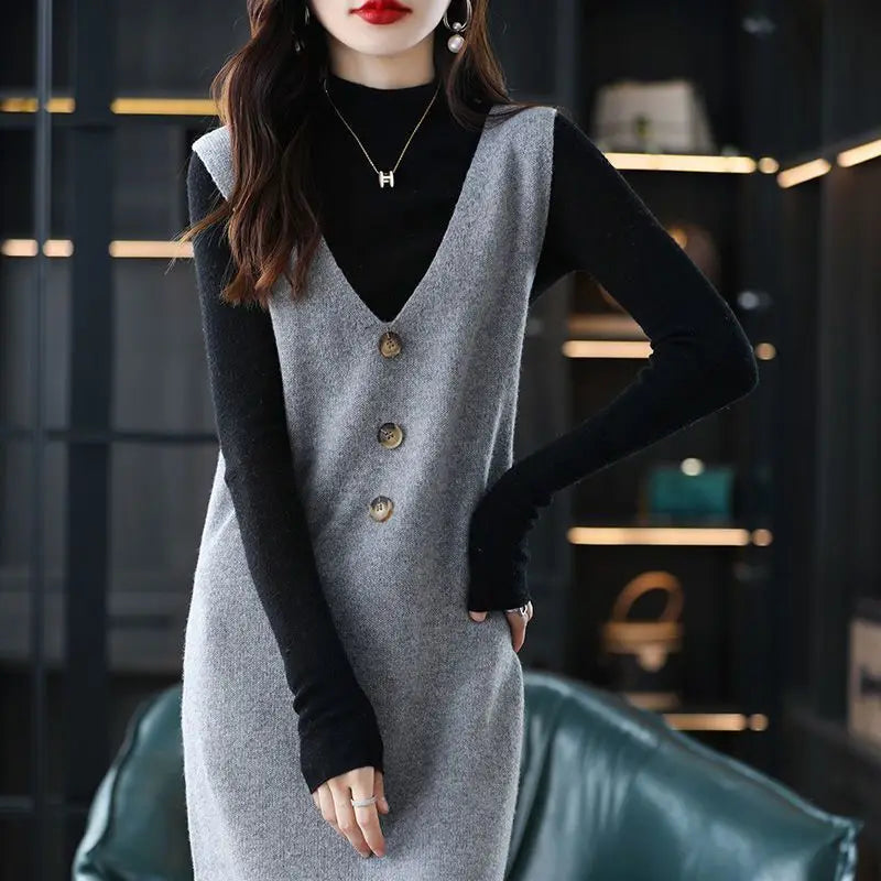 Pullover knitted vest skirt long V-neck casual loose sweater solid 2025 autumn and winter knitted sleeveless women vest sweater